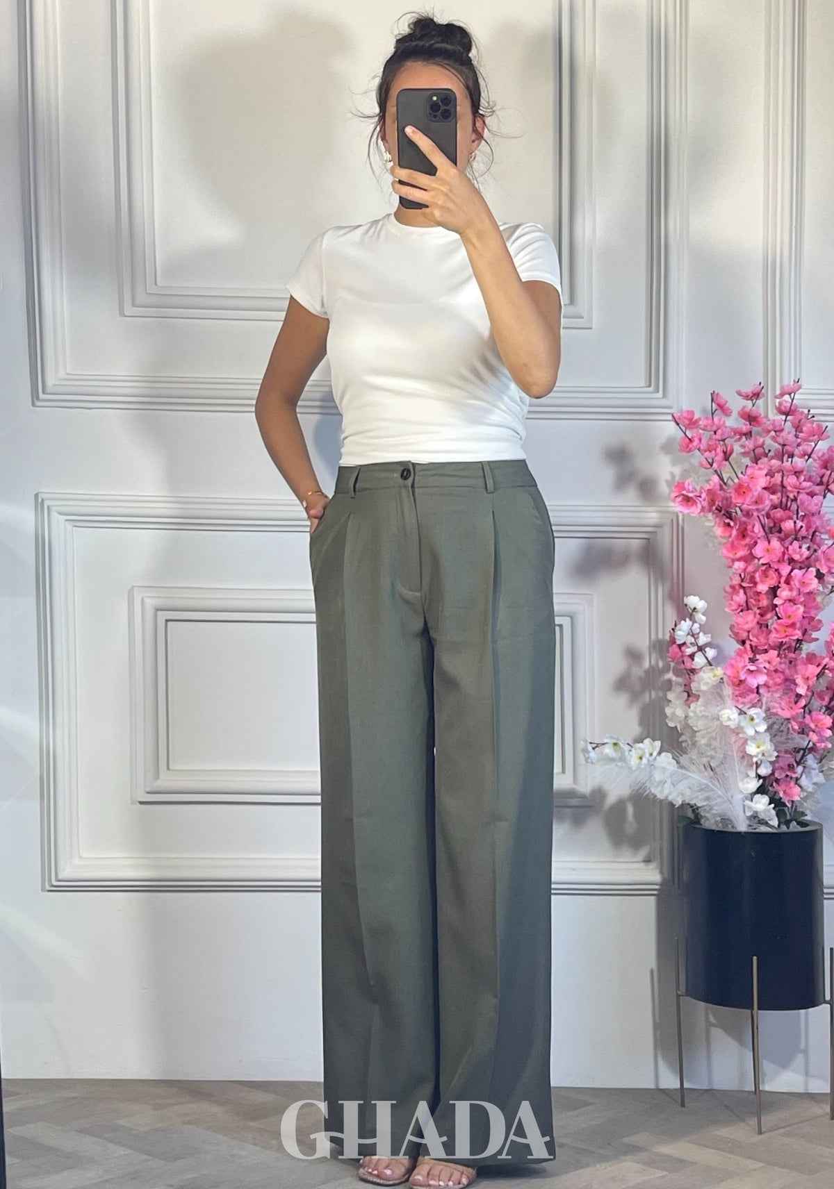 PANTALON COUPE LARGE  - VERT KAKI zoom matière - jupe femme - GHADA FASHION