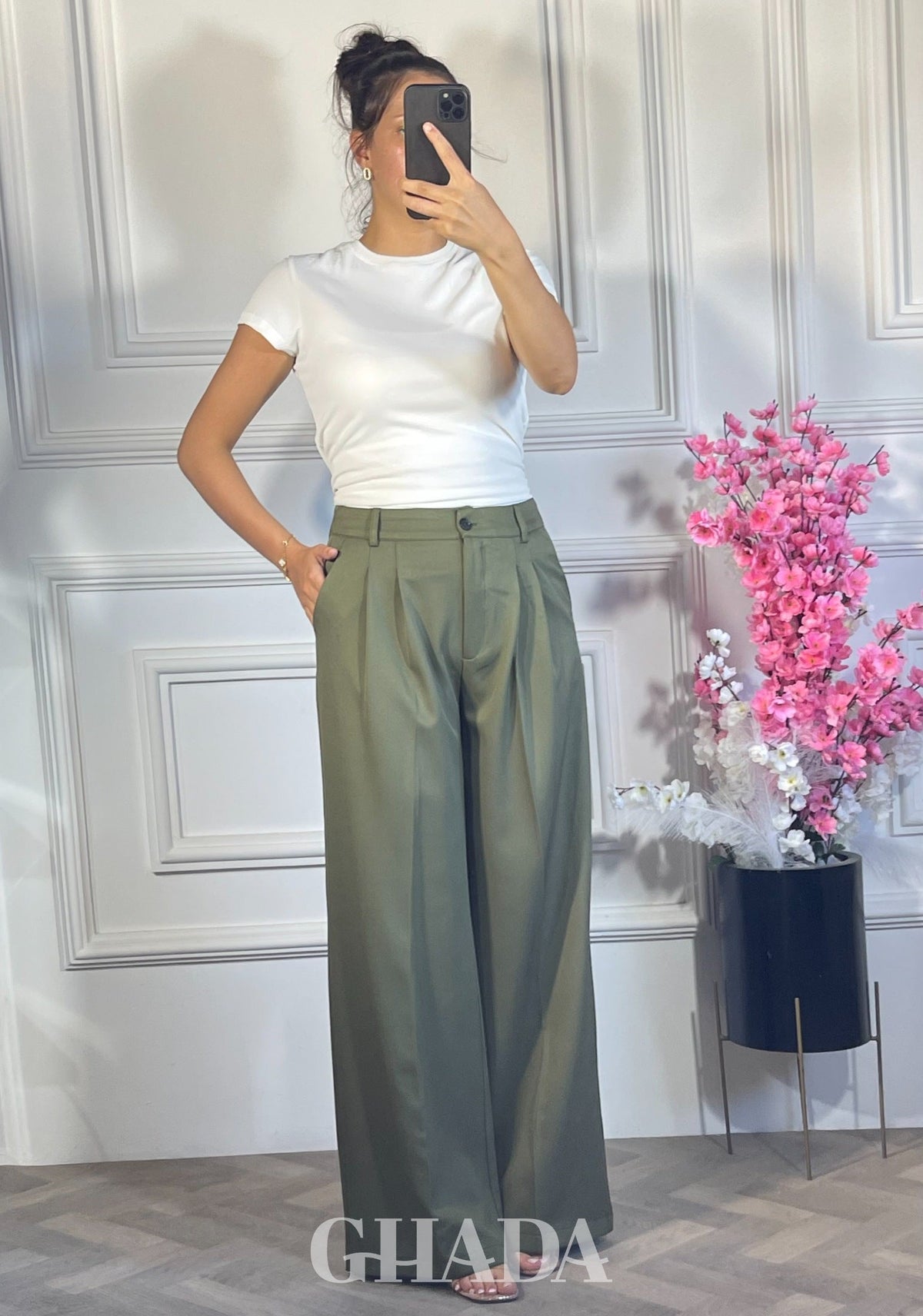 PANTALON COUPE LARGE  - VERT OLIVE vue de dos - jupe femme - GHADA FASHION