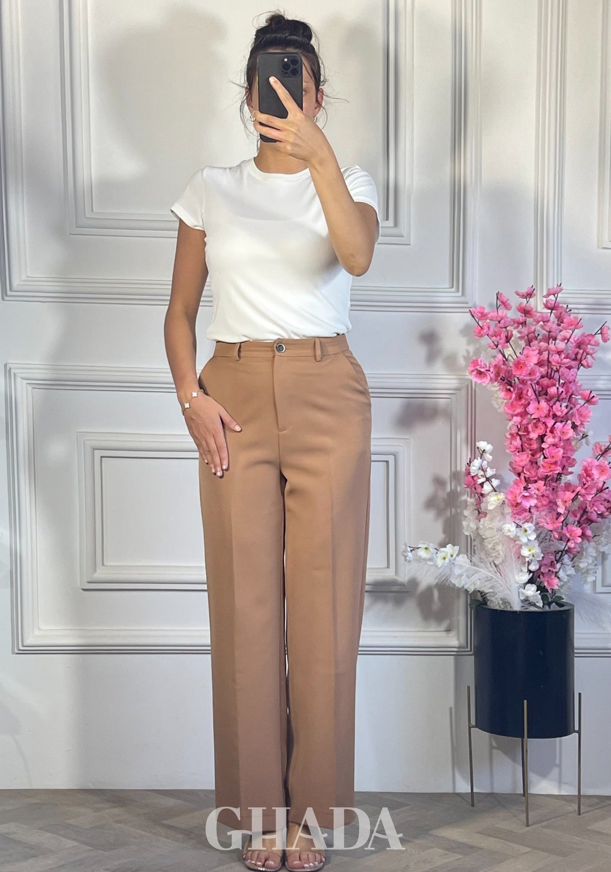 PANTALON COUPE LARGE  - BEIGE FONCE vue de face - jupe femme - GHADA FASHION