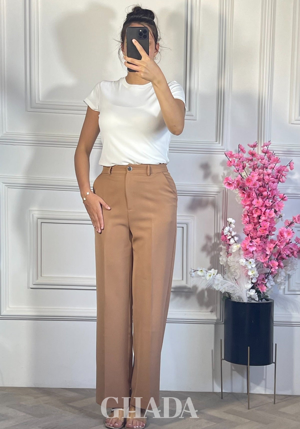 PANTALON COUPE LARGE  - BEIGE FONCE vue de dos - jupe femme - GHADA FASHION