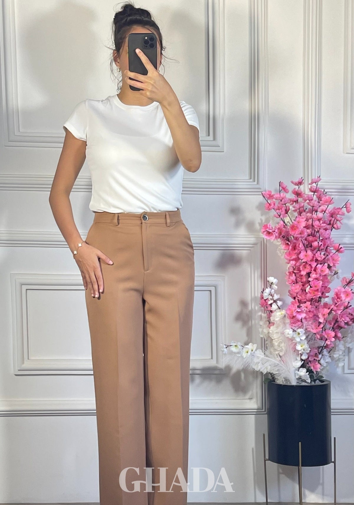 PANTALON COUPE LARGE  - BEIGE FONCE détail broderie - jupe femme - GHADA FASHION