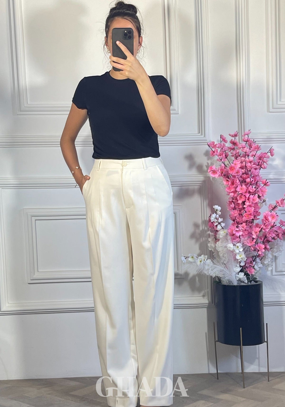 PANTALON COUPE LARGE  - BLANC détail broderie - jupe femme - GHADA FASHION