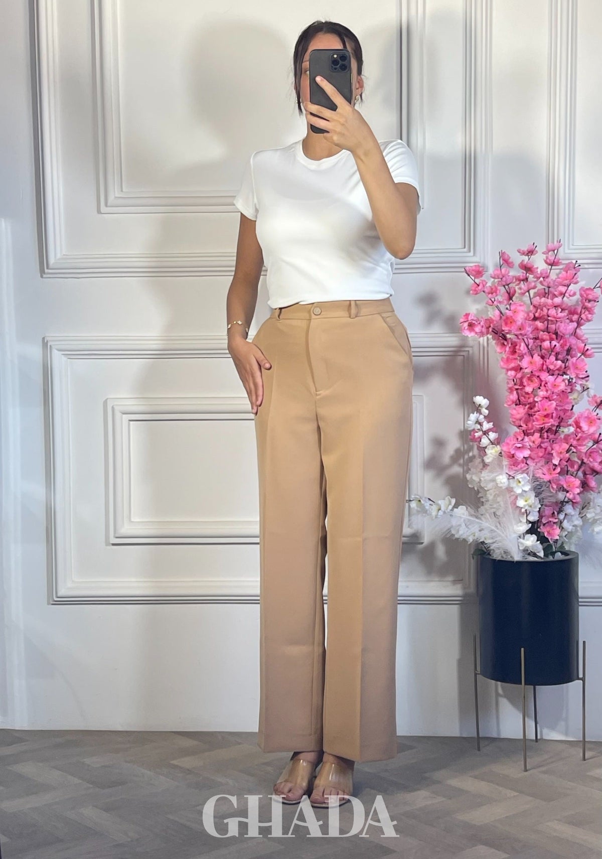 PANTALON COUPE LARGE  - BEIGE détail broderie - jupe femme - GHADA FASHION
