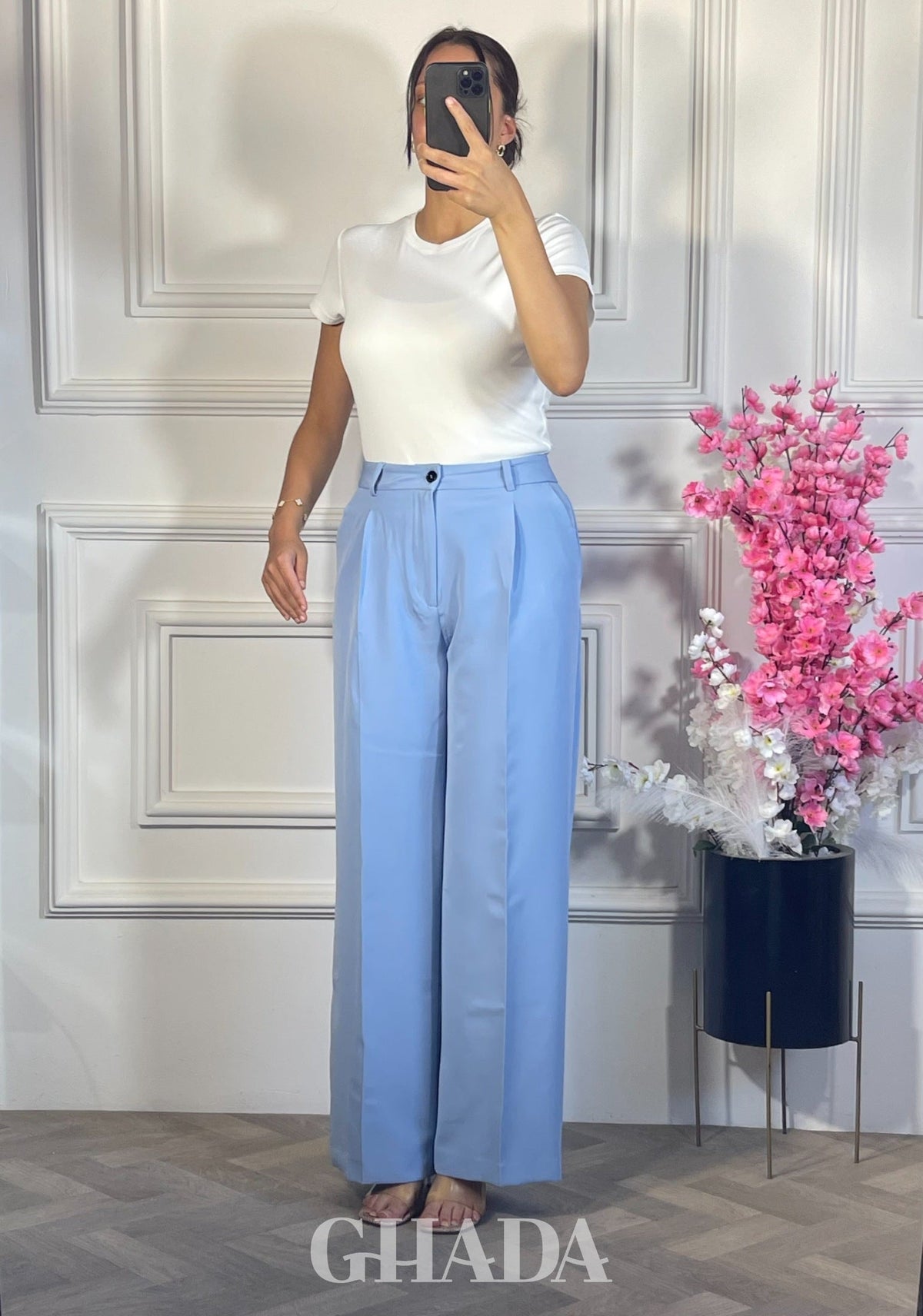 PANTALON COUPE LARGE  - BLEU CIEL vue de face - jupe femme - GHADA FASHION