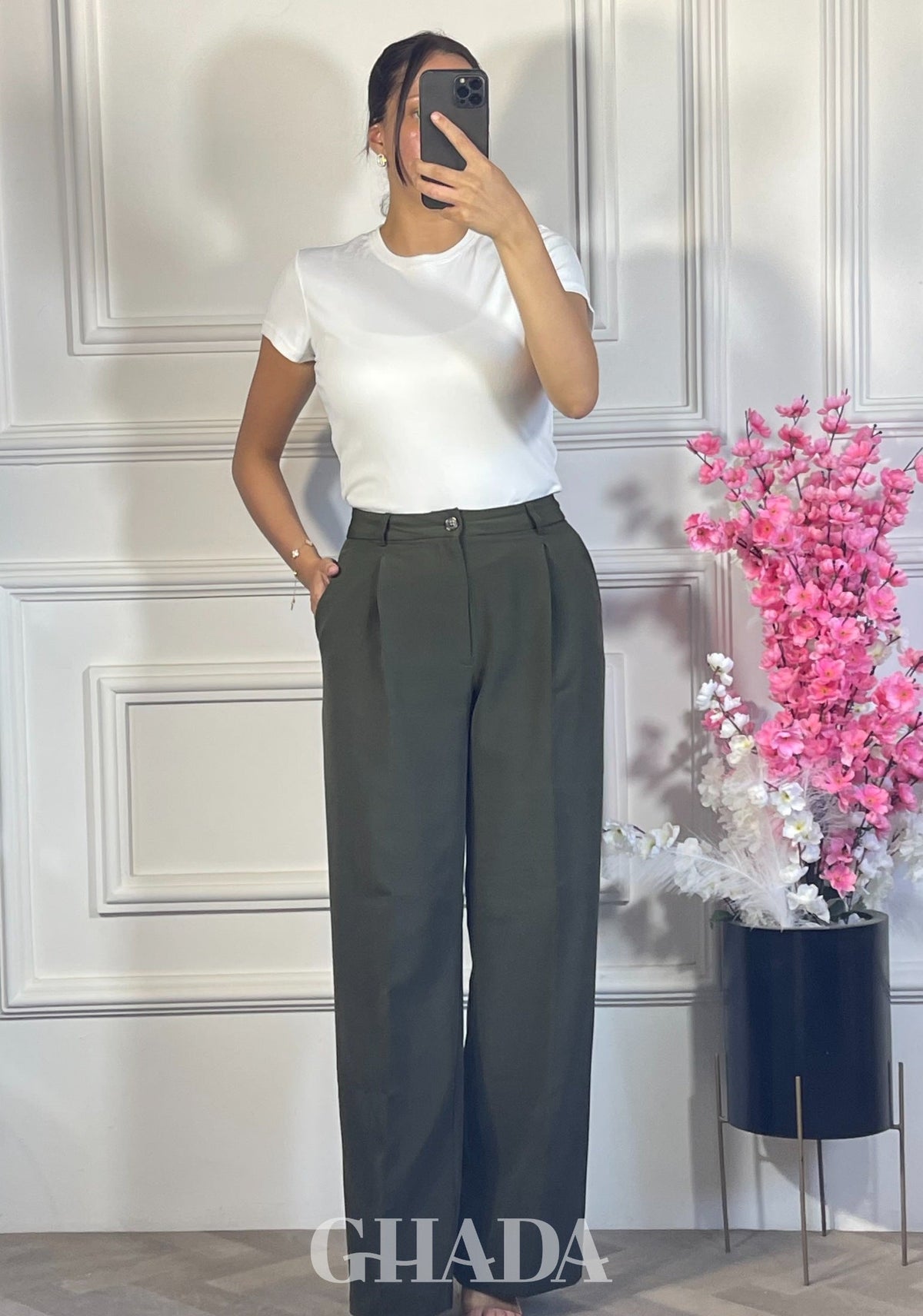 PANTALON COUPE LARGE  - VERT FONCE détail broderie - jupe femme - GHADA FASHION