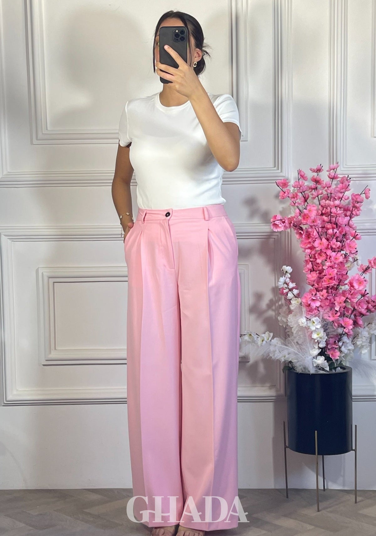 PANTALON COUPE LARGE  - ROSE détail broderie - jupe femme - GHADA FASHION