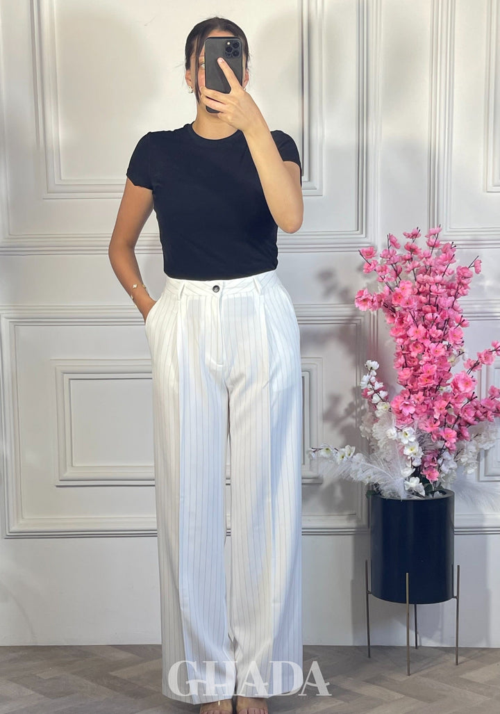 PANTALON COUPE LARGE A RAYURES - BLANC