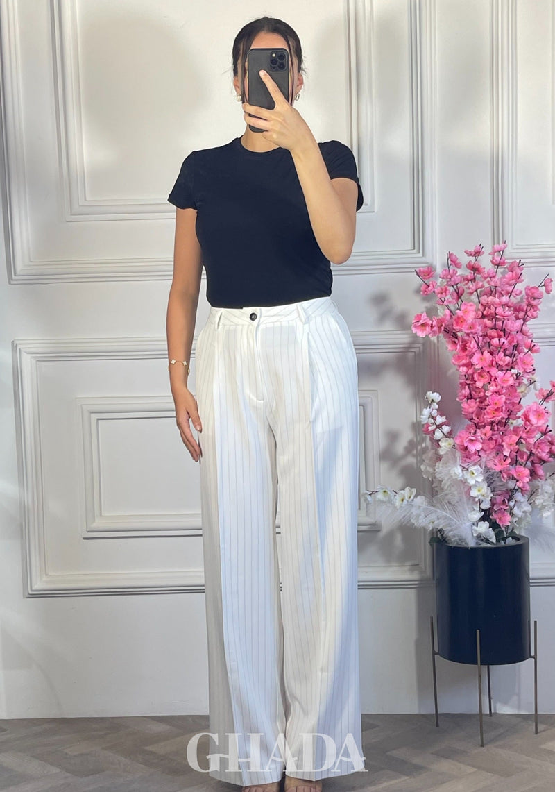 PANTALON COUPE LARGE A RAYURES - BLANC