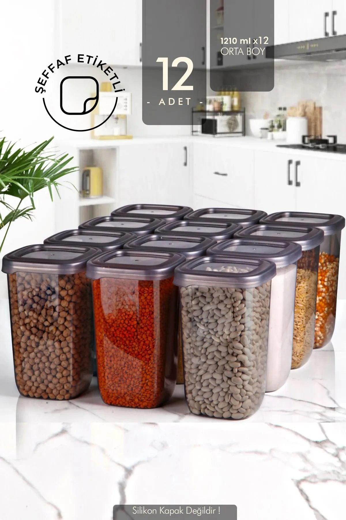 Set de 12 contenants carrés 1205 ml noirs avec étiquettes