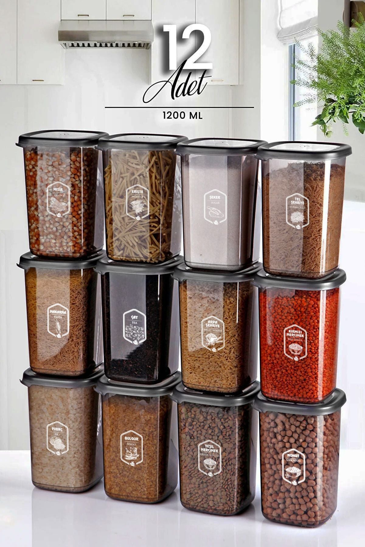 Set de 12 contenants carrés 1205 ml noirs avec étiquettes
