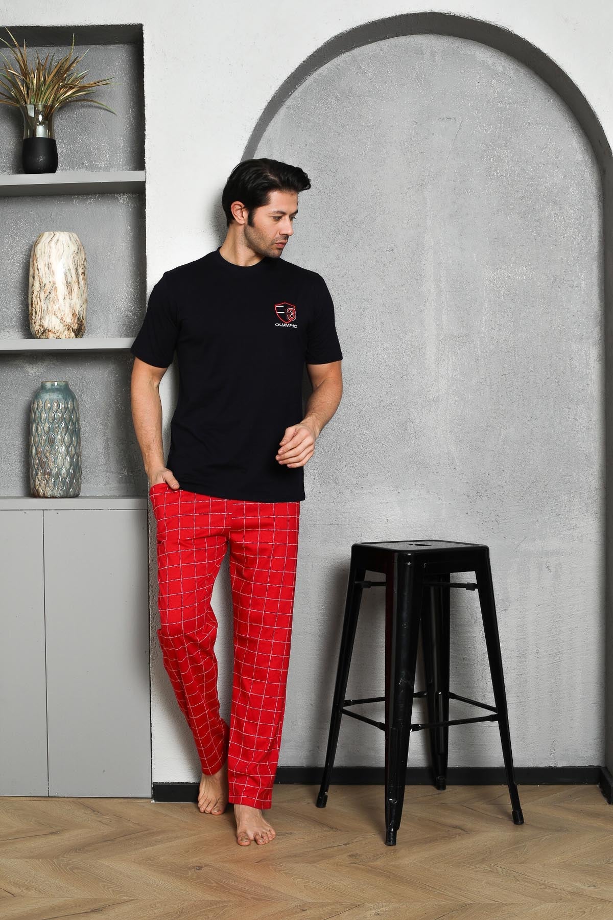 <tc>Ensemble pyjama homme en coton à col rond, manches courtes, bas à carreaux, pour mi-saison M58282307</tc>