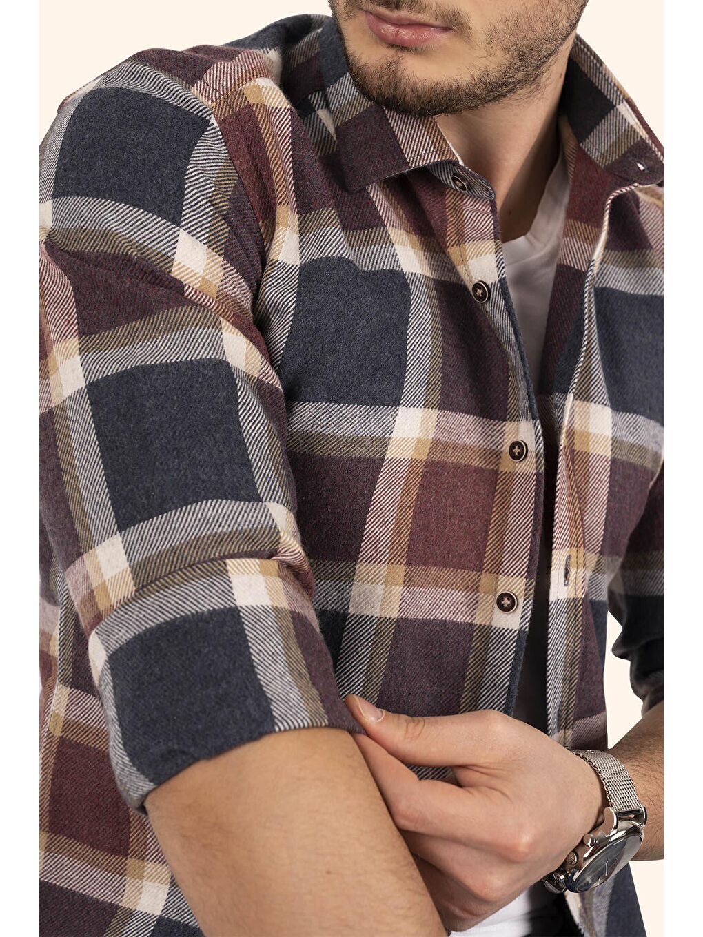 Lacivert Bordo Kareli Kışlık Oduncu Kutulu Gömlek - 6413 - Justyol