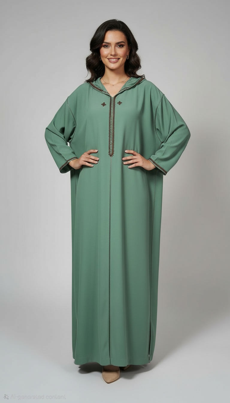 Djellaba Makhzania en Crêpe Rosa – Vert Élégance Royale