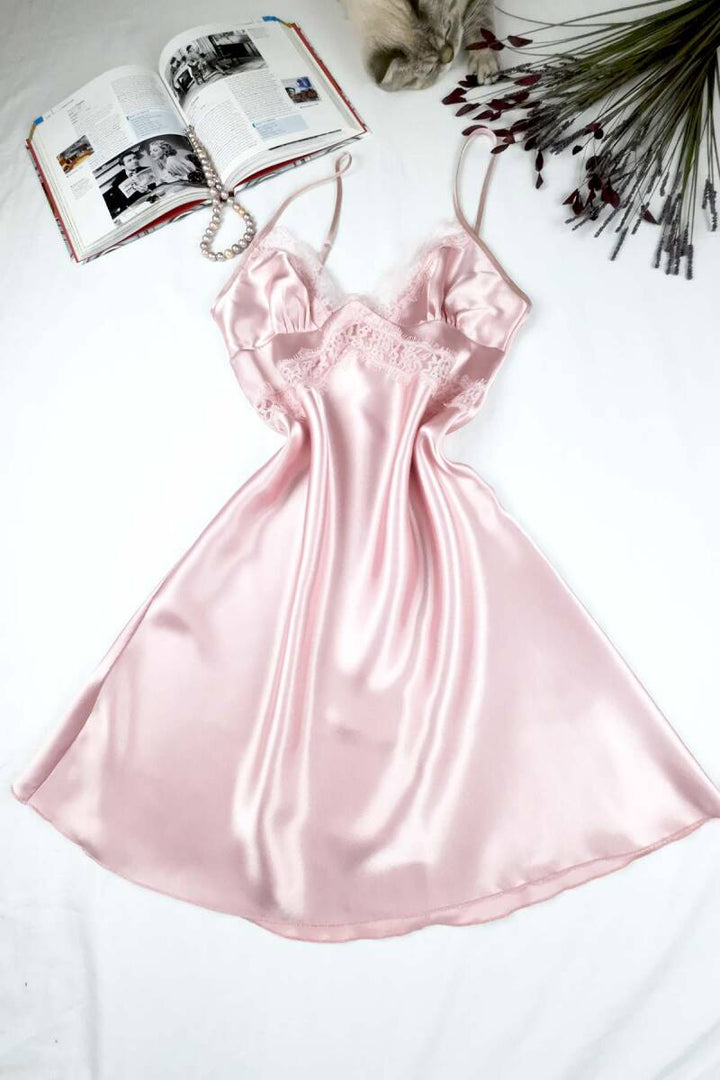 Nuisette Satin Femme avec Dentelle et Bretelles Fines