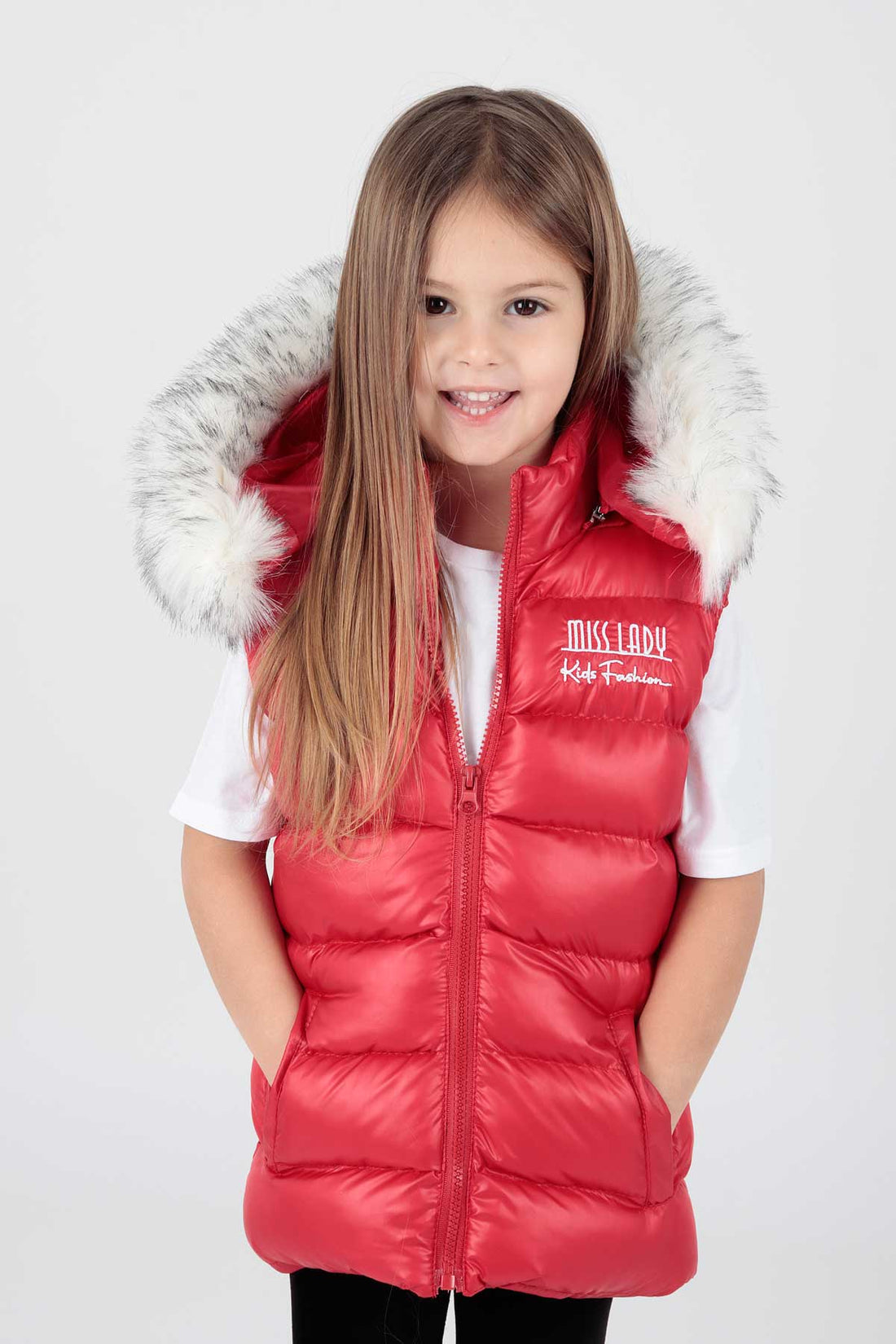 Girls' Jacket - Sleeveless - With Zipper - Hood Adorned with Fur - maroon