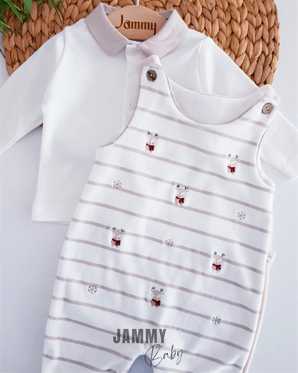 kadife geyik desenli salopet & body set - bej - Justyol