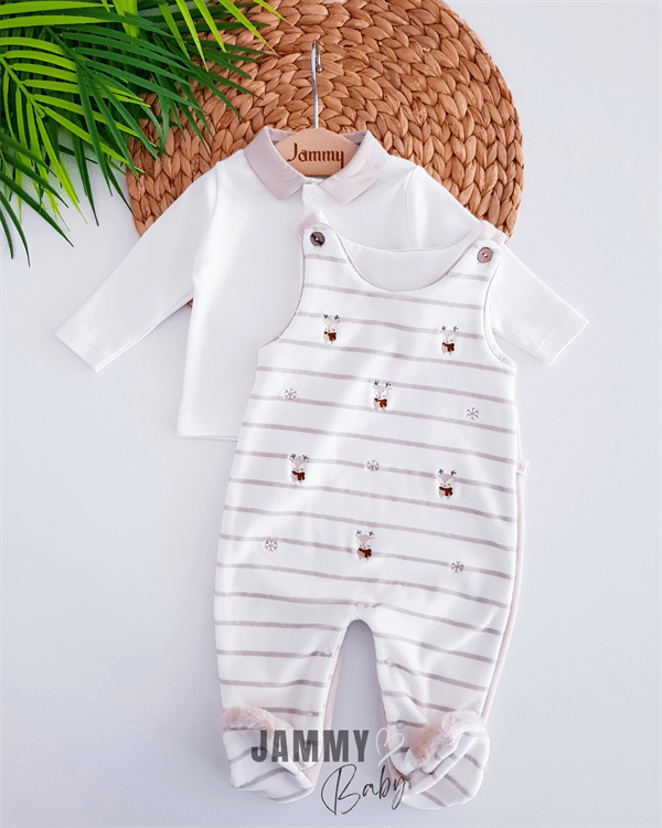 kadife geyik desenli salopet & body set - bej - Justyol