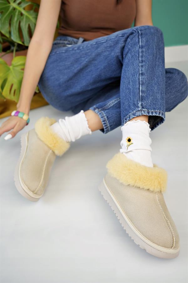 aymood kadin nude süet yarim bot içi tüylü kalin taban ayakkabi - Justyol