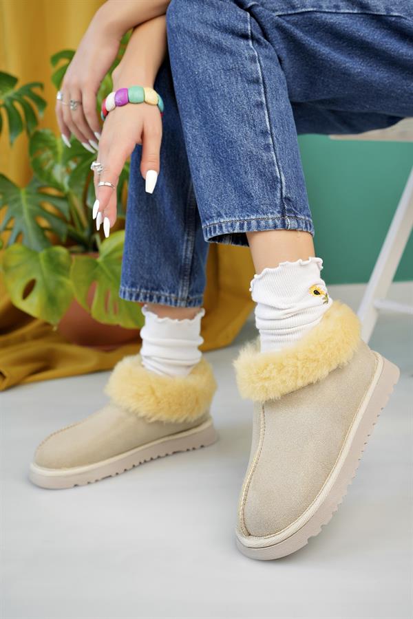 aymood kadin nude süet yarim bot içi tüylü kalin taban ayakkabi - Justyol