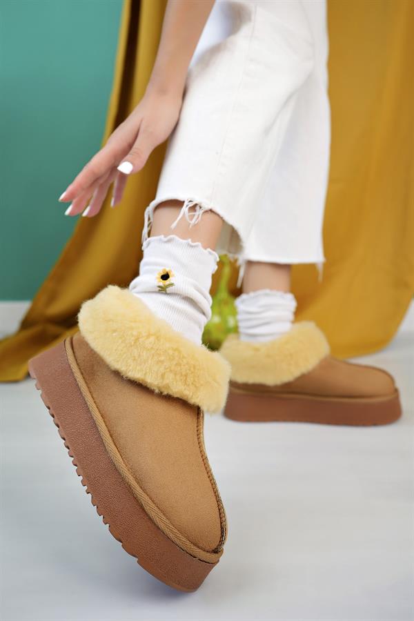 aymood kadin nude süet yarim bot içi tüylü kalin taban ayakkabi - Justyol