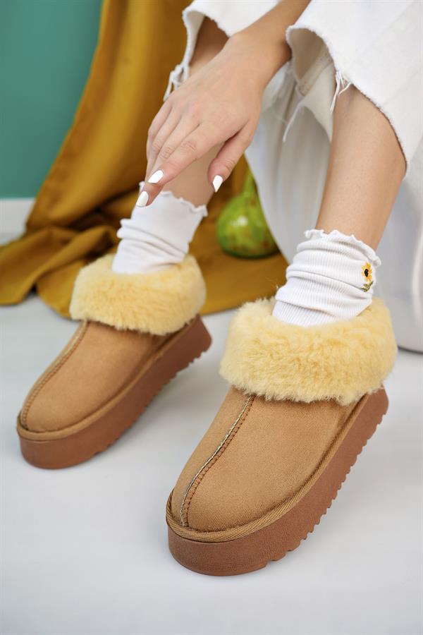 aymood kadin nude süet yarim bot içi tüylü kalin taban ayakkabi - Justyol