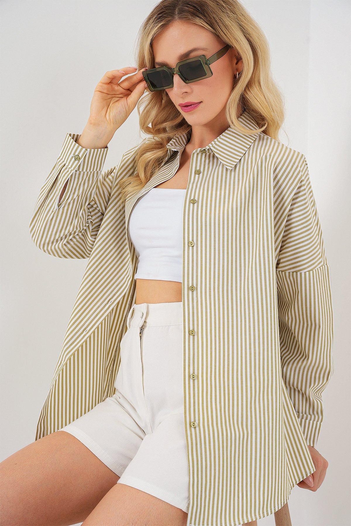 kadin çizgili oversize gömlek 20332 - Justyol