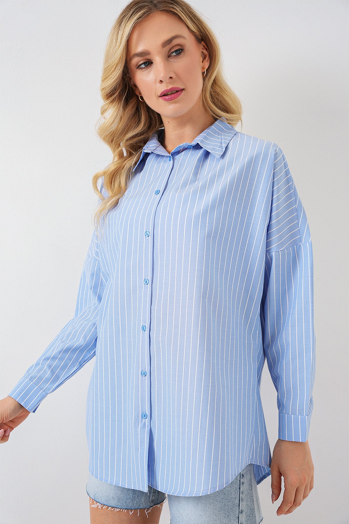 kadin çizgili oversize gömlek 20332 - Justyol