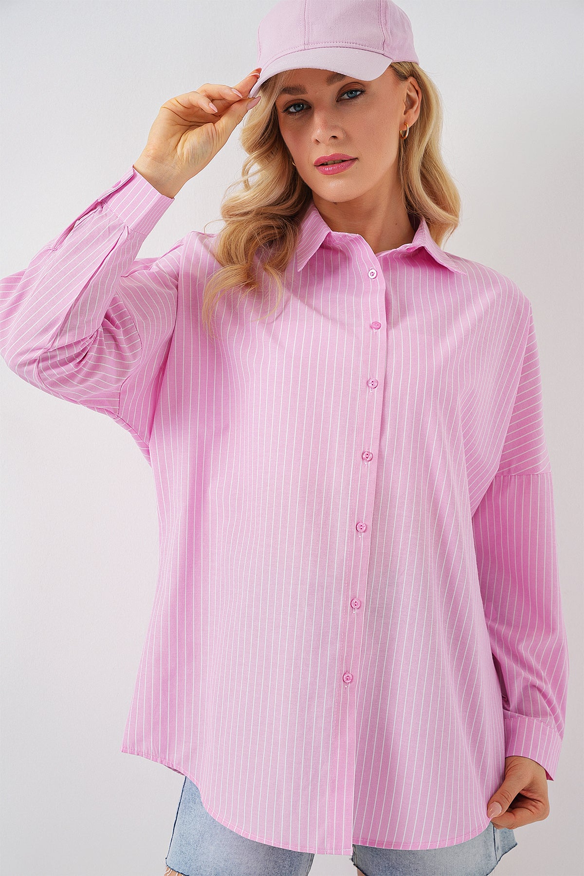 kadin çizgili oversize gömlek 20332 - Justyol