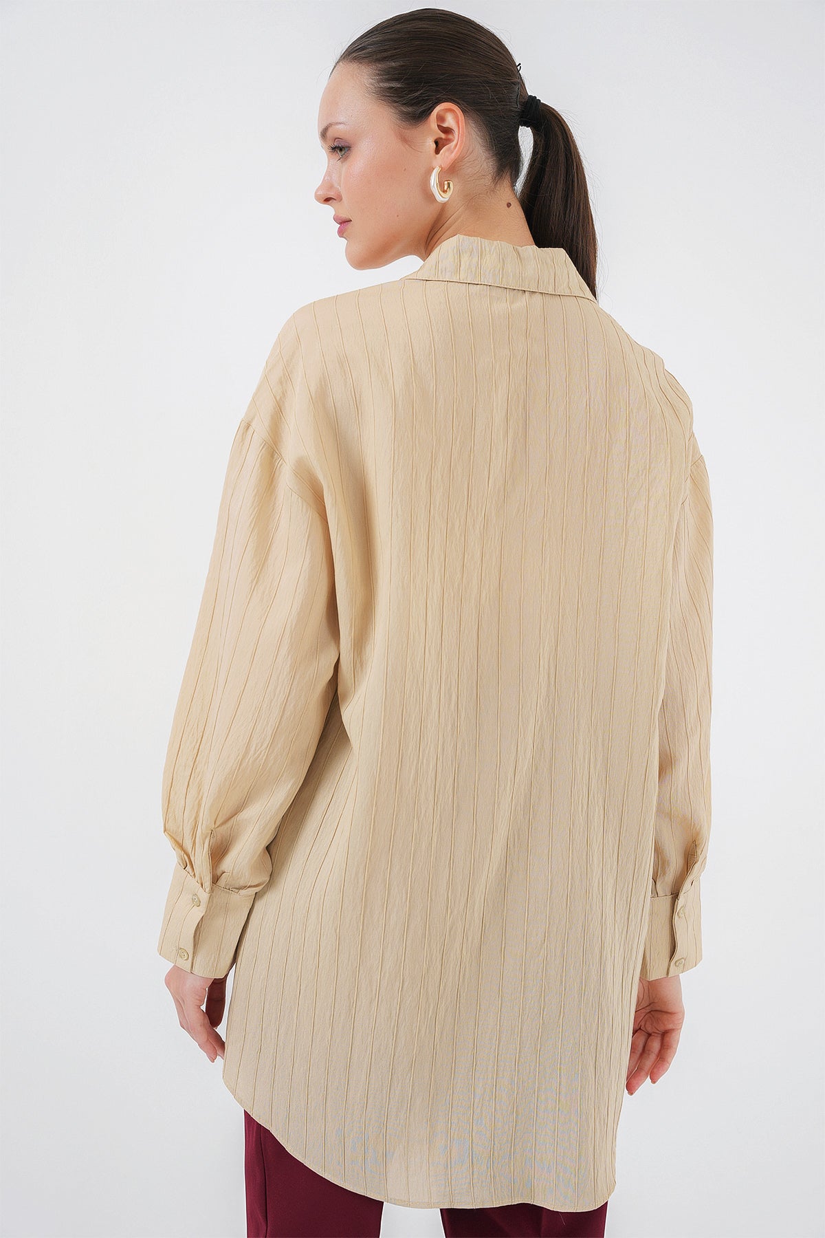 kadin çizgili uzun gömlek tunik 5963 - kahverengi - Justyol