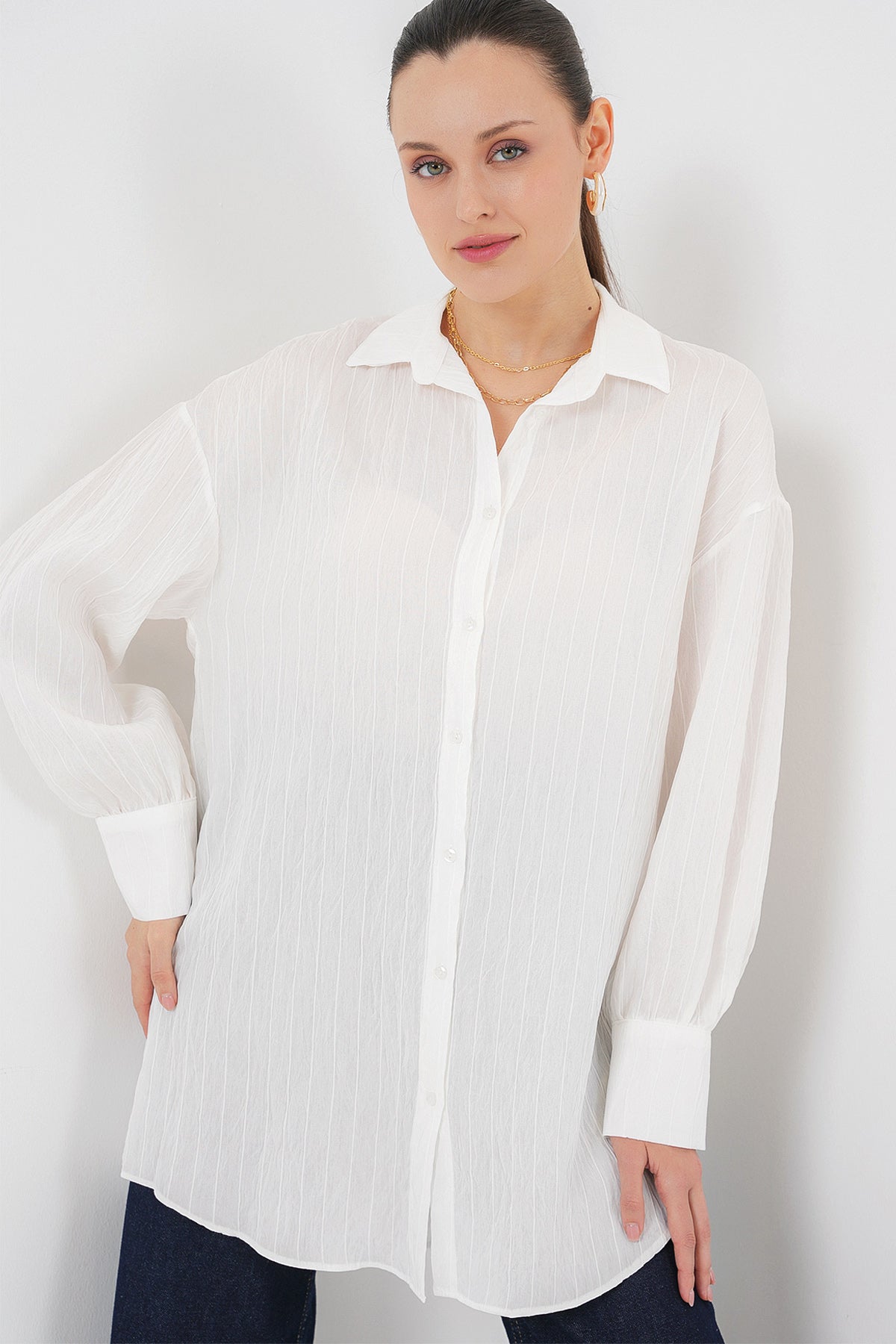 kadin çizgili uzun gömlek tunik 5963 - kahverengi - Justyol