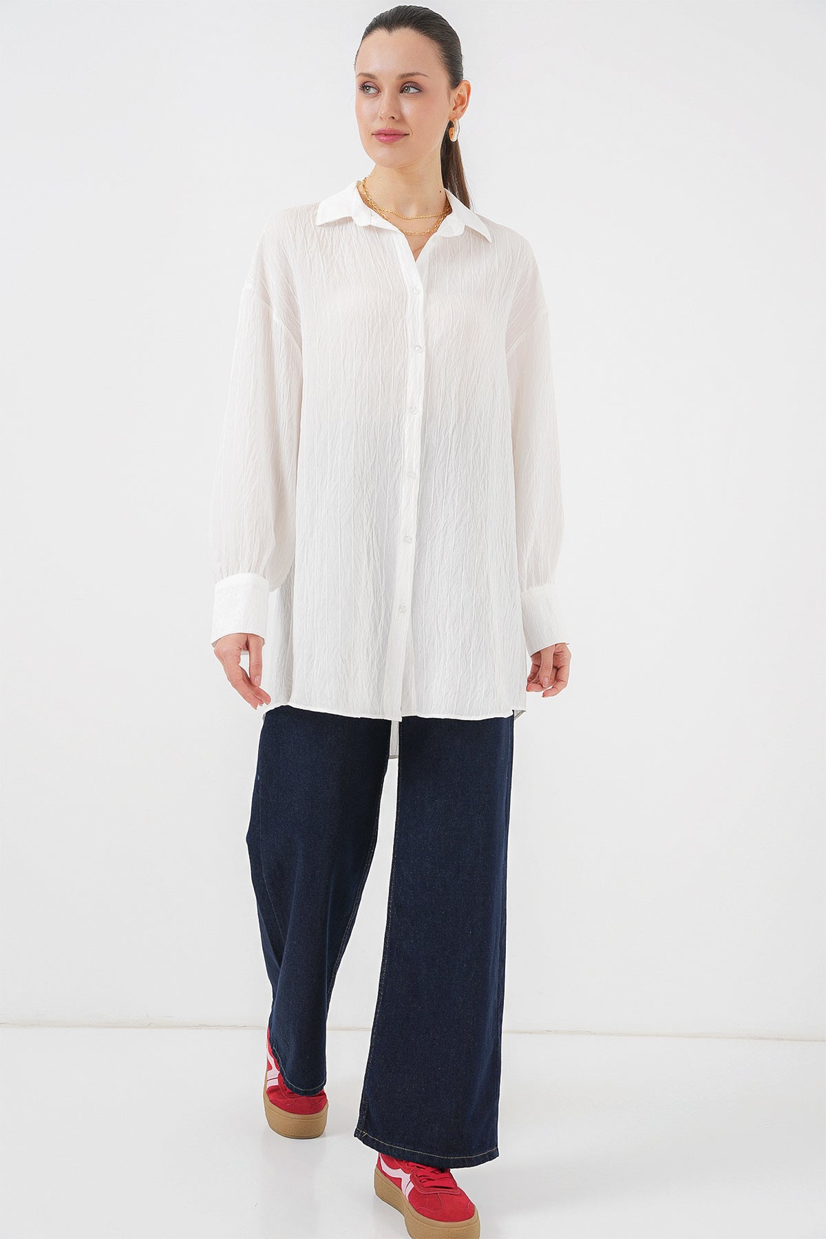 kadin çizgili uzun gömlek tunik 5963 - kahverengi - Justyol