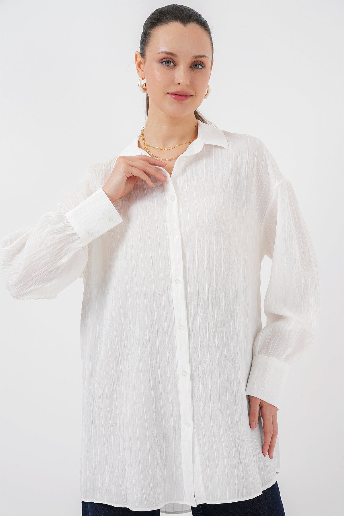 kadin çizgili uzun gömlek tunik 5963 - kahverengi - Justyol