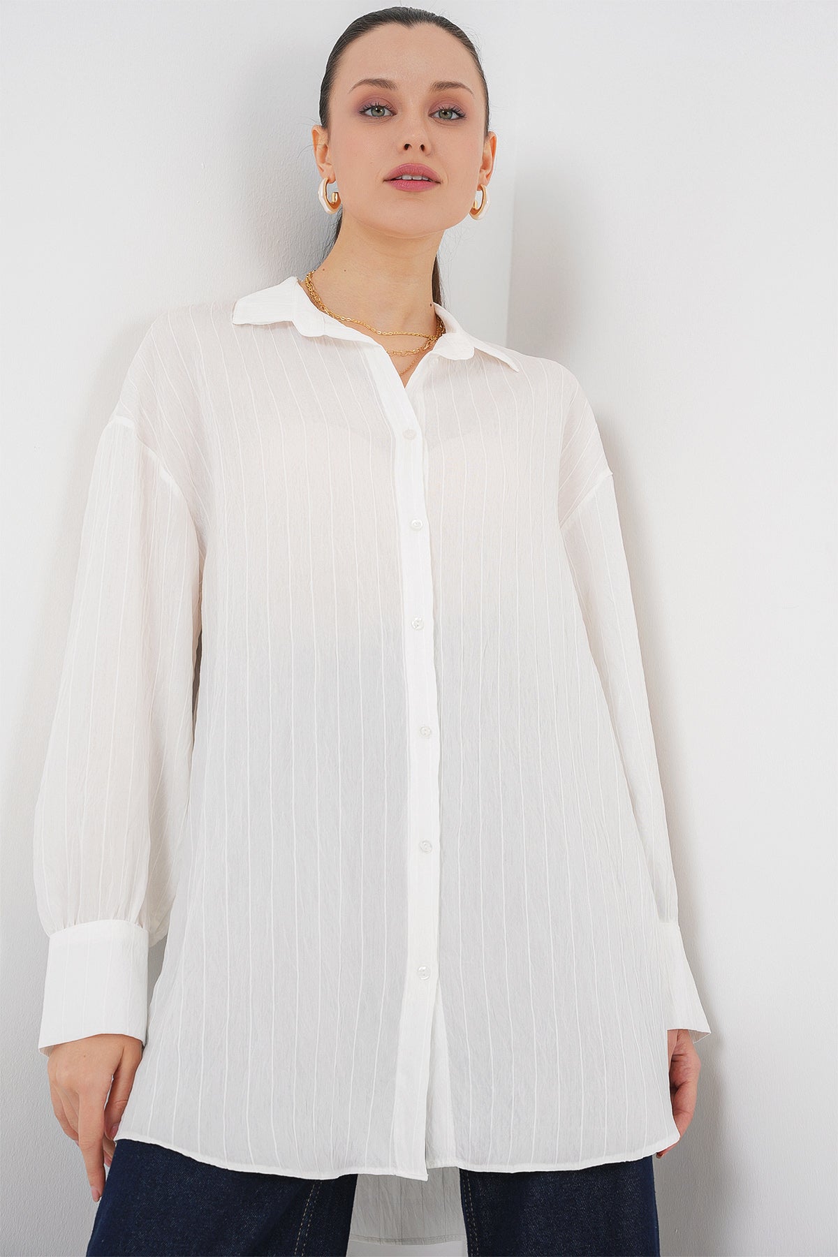 kadin çizgili uzun gömlek tunik 5963 - kahverengi - Justyol