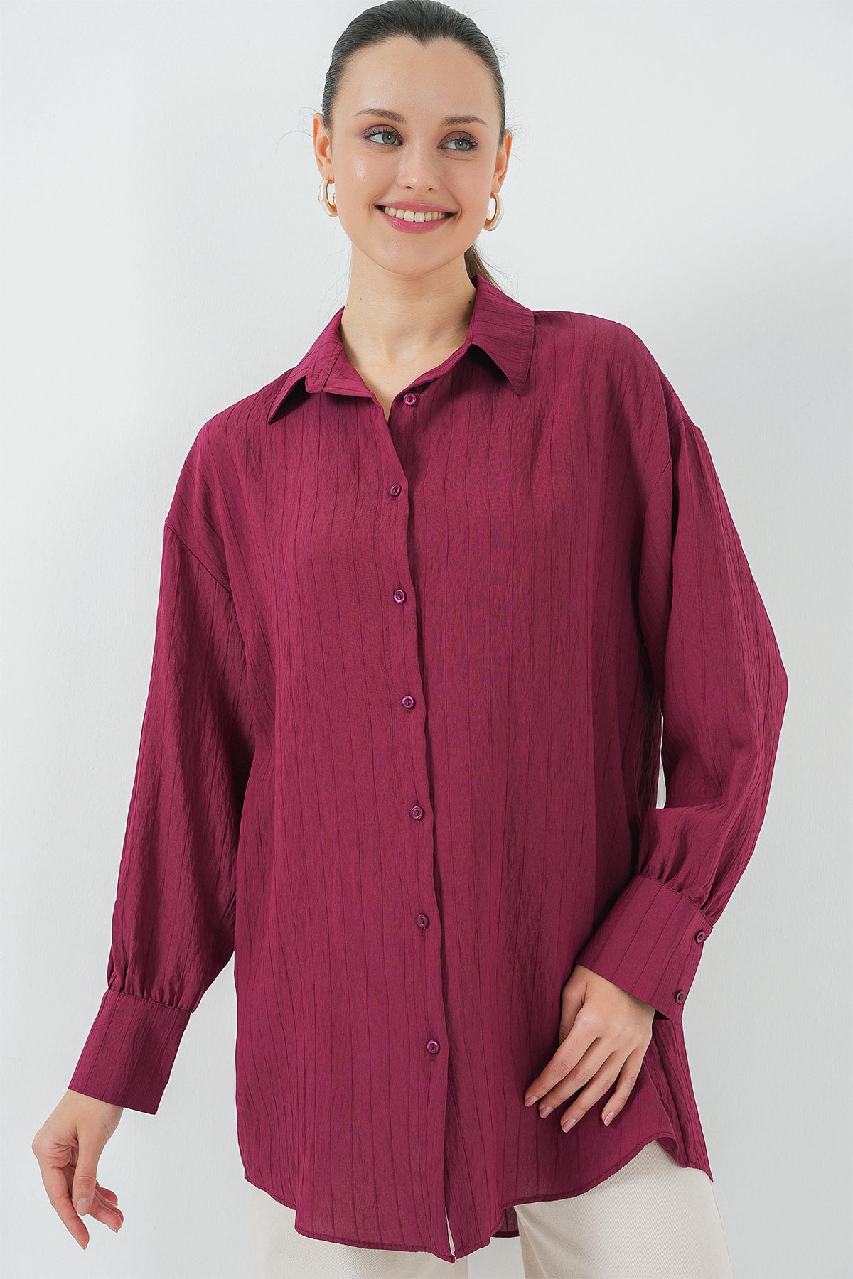 kadin çizgili uzun gömlek tunik 5963 - kahverengi - Justyol