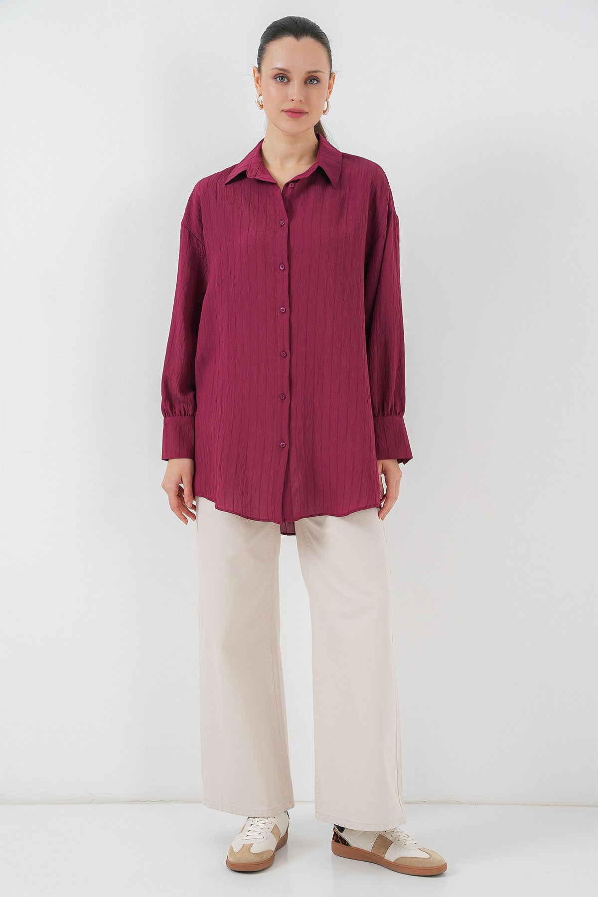 kadin çizgili uzun gömlek tunik 5963 - kahverengi - Justyol