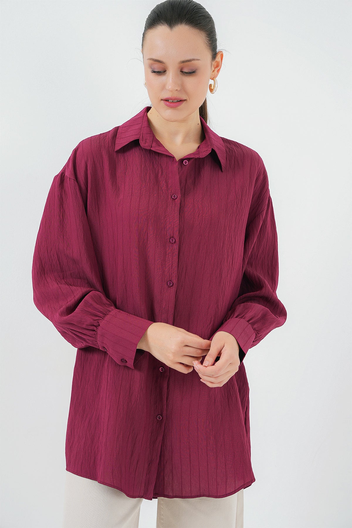 kadin çizgili uzun gömlek tunik 5963 - kahverengi - Justyol