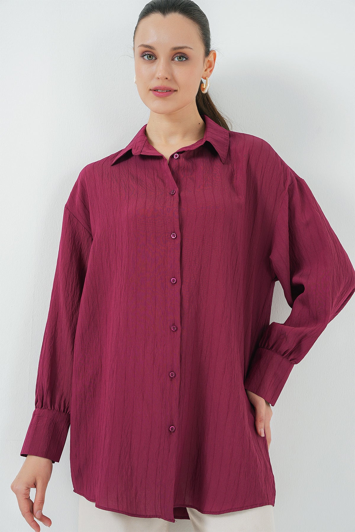 kadin çizgili uzun gömlek tunik 5963 - kahverengi - Justyol