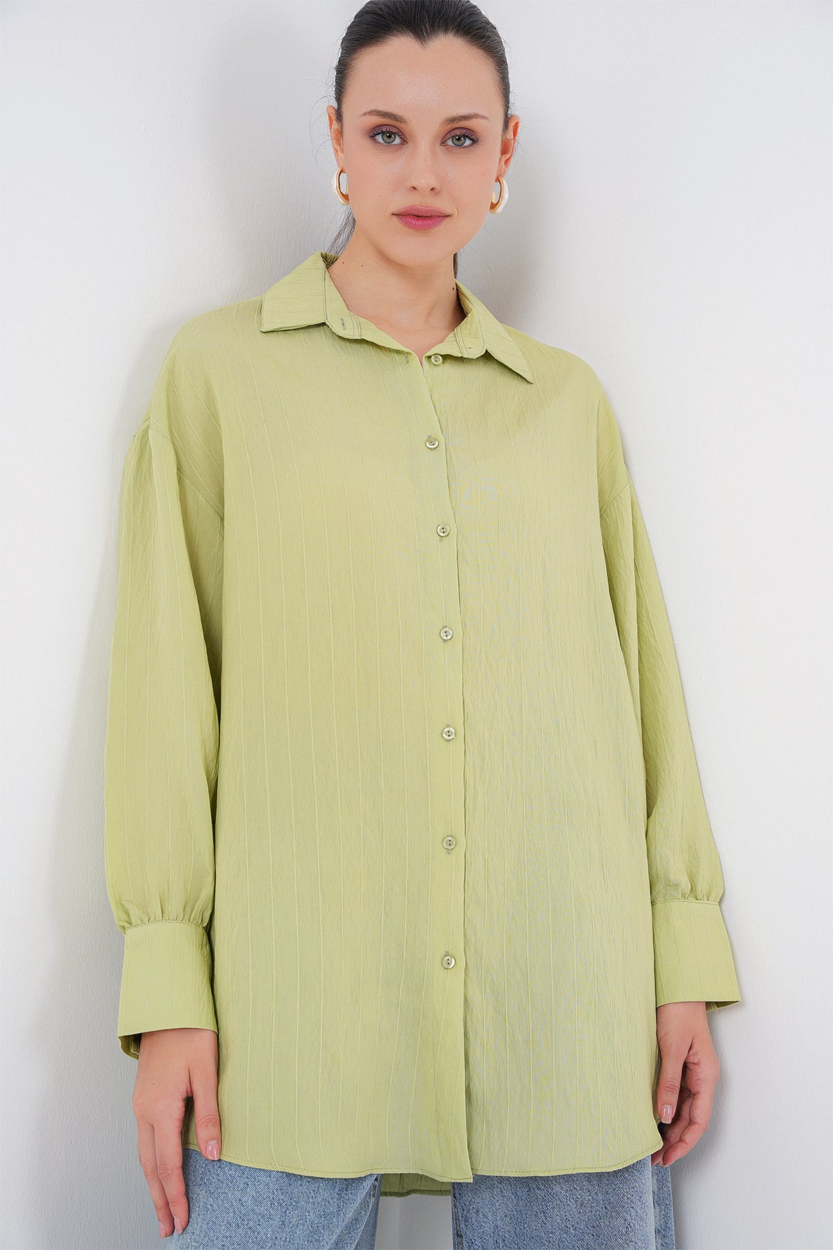 kadin çizgili uzun gömlek tunik 5963 - kahverengi - Justyol