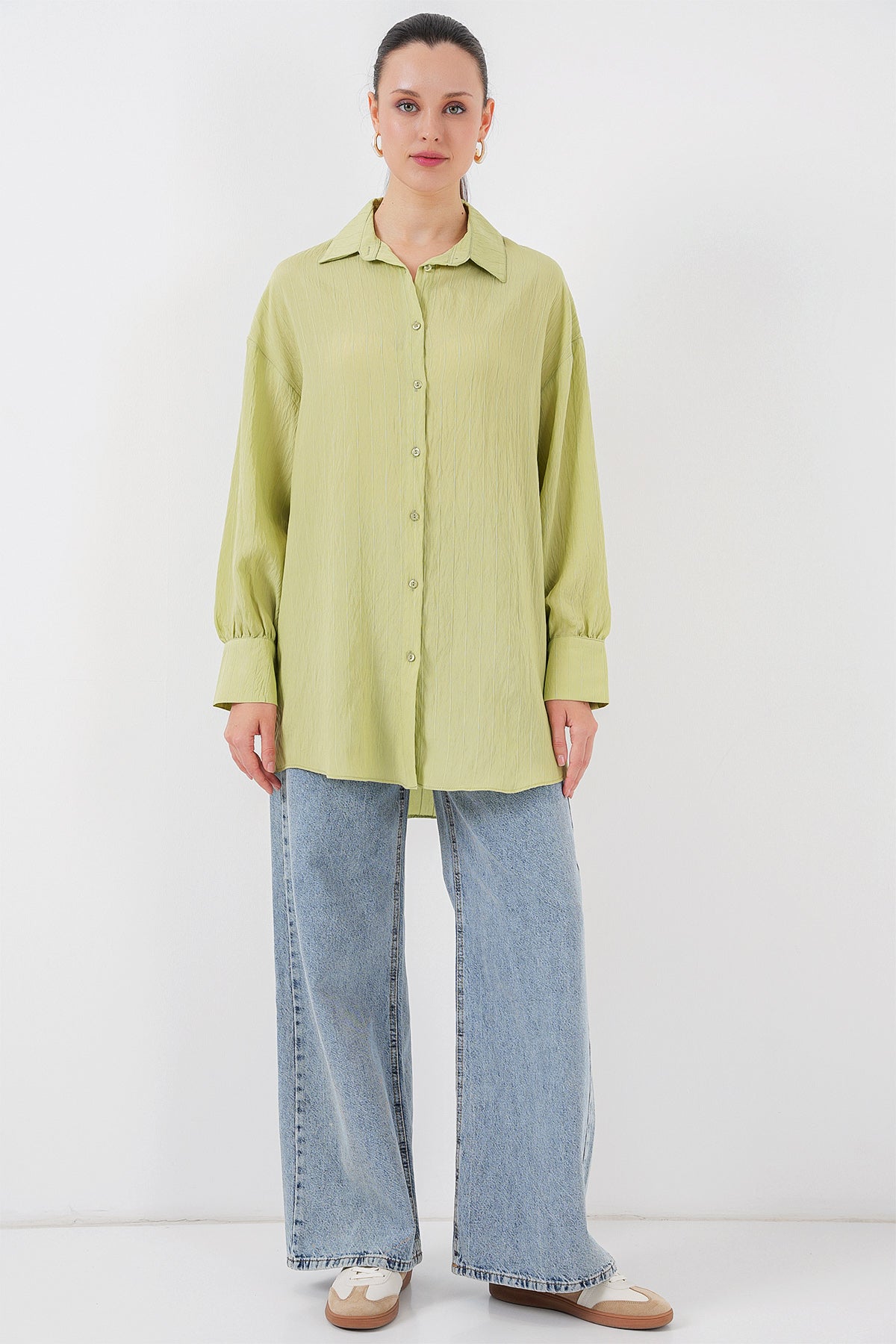 kadin çizgili uzun gömlek tunik 5963 - kahverengi - Justyol