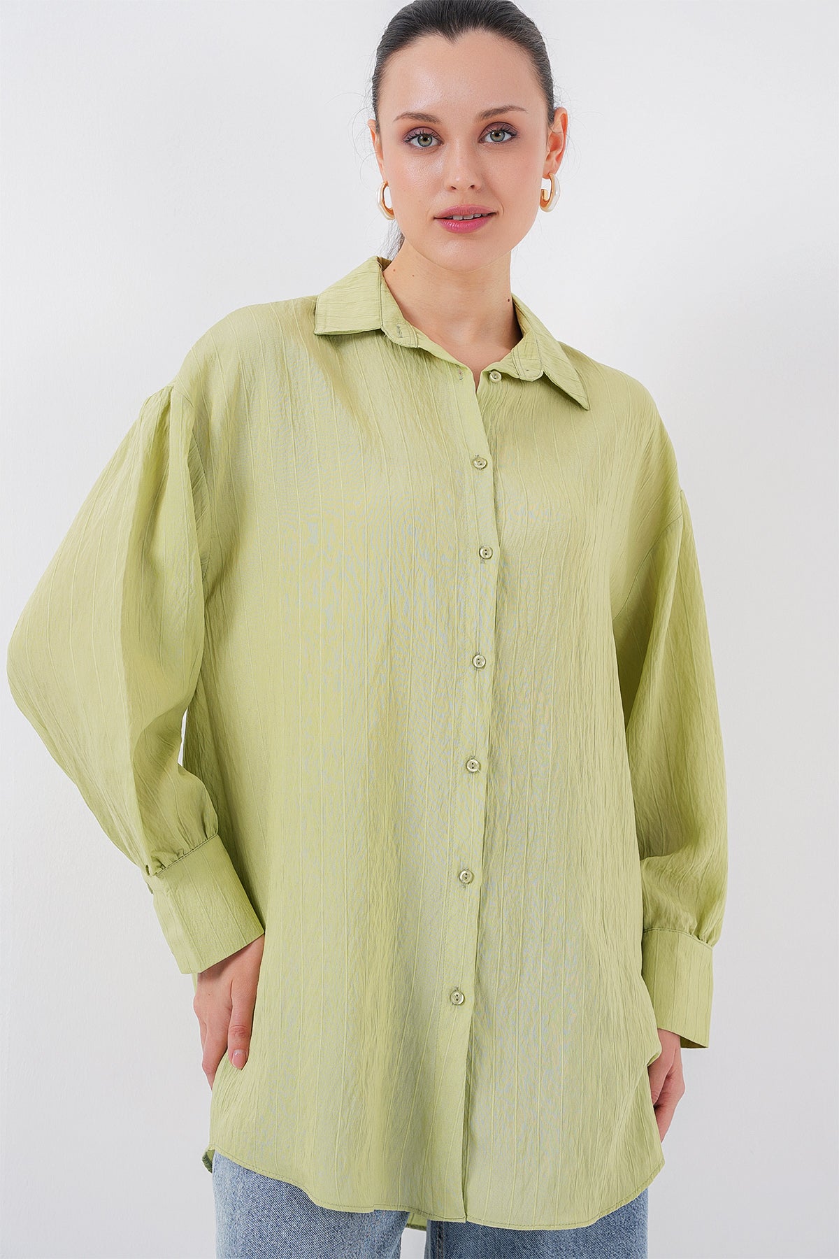 kadin çizgili uzun gömlek tunik 5963 - kahverengi - Justyol