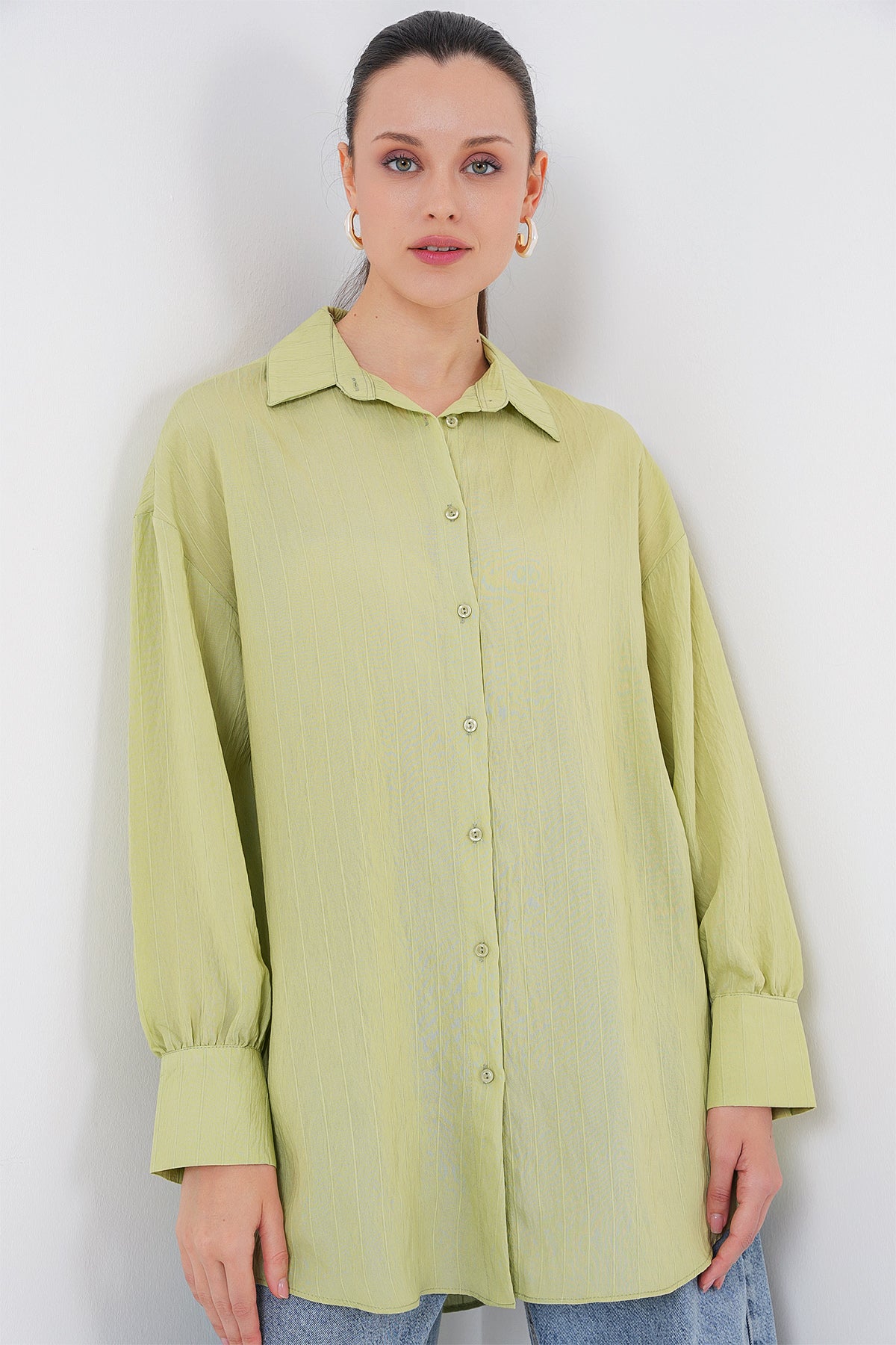 kadin çizgili uzun gömlek tunik 5963 - kahverengi - Justyol