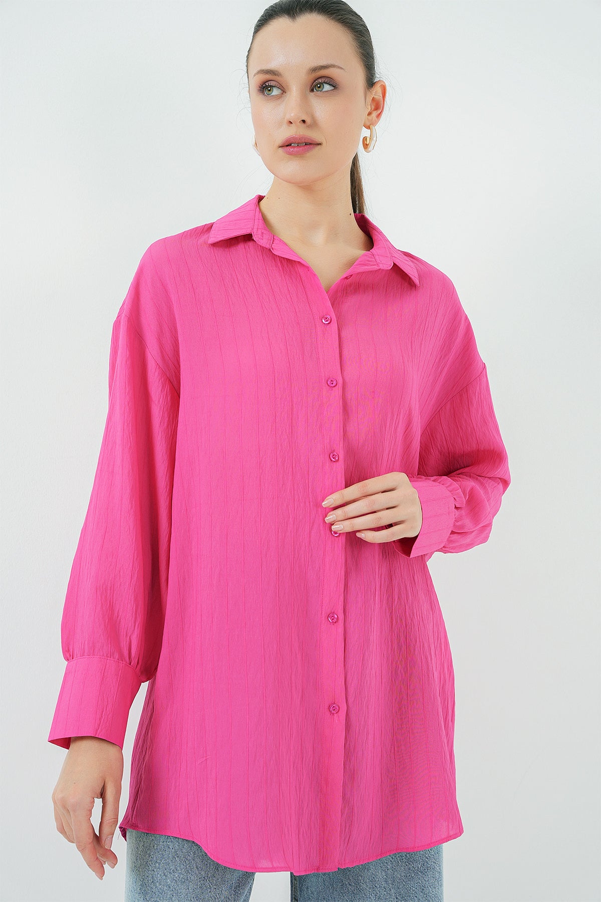 kadin çizgili uzun gömlek tunik 5963 - kahverengi - Justyol