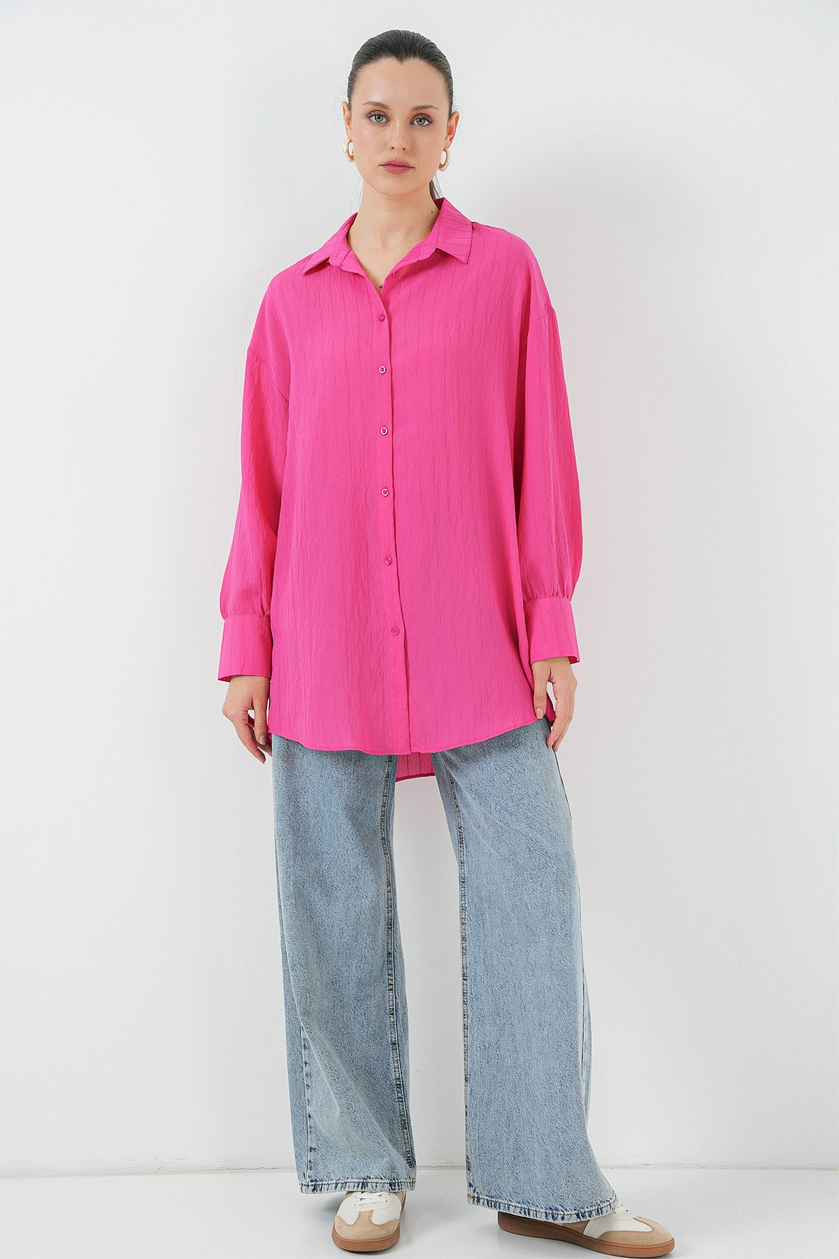 kadin çizgili uzun gömlek tunik 5963 - kahverengi - Justyol