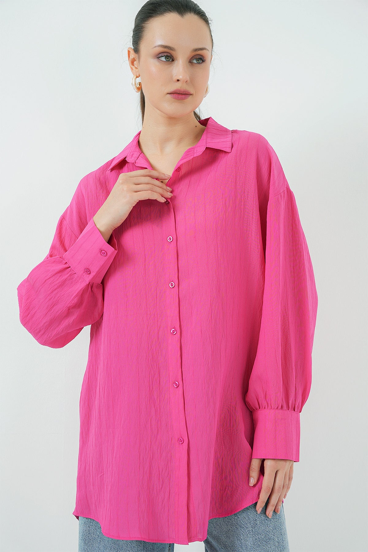 kadin çizgili uzun gömlek tunik 5963 - kahverengi - Justyol