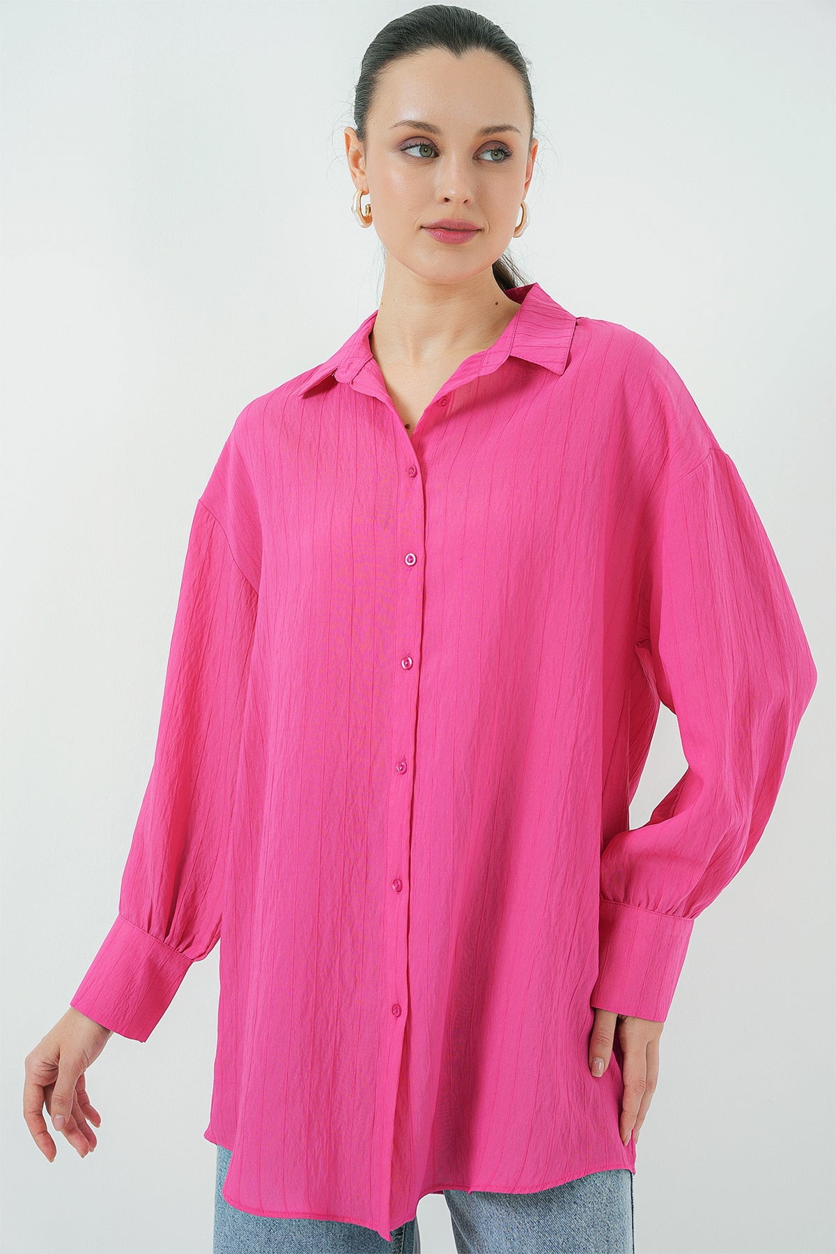 kadin çizgili uzun gömlek tunik 5963 - kahverengi - Justyol