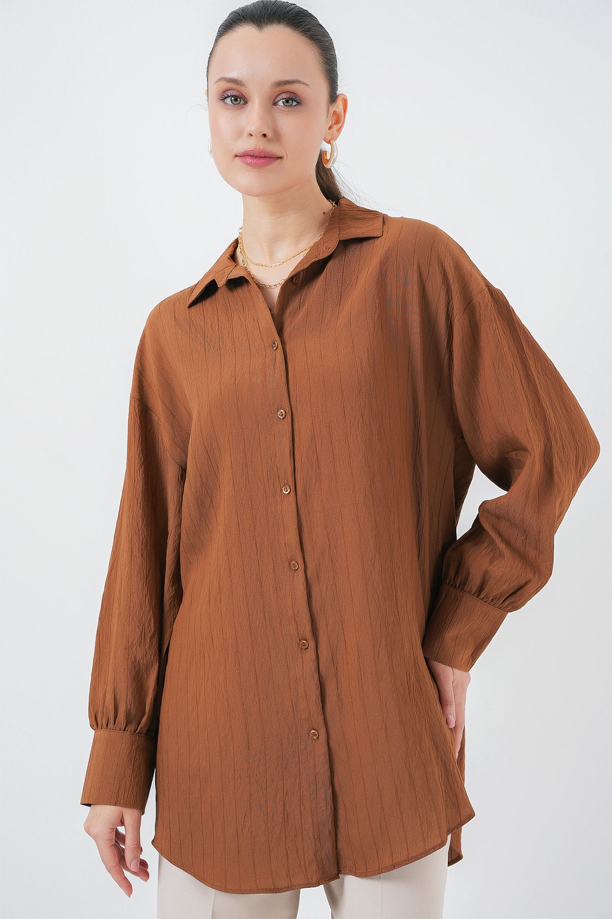 kadin çizgili uzun gömlek tunik 5963 - kahverengi - Justyol