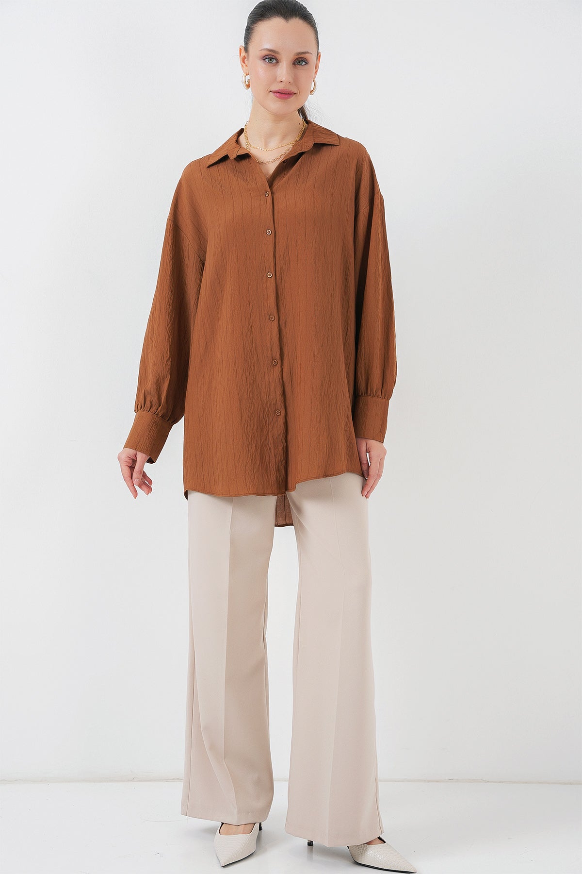 kadin çizgili uzun gömlek tunik 5963 - kahverengi - Justyol