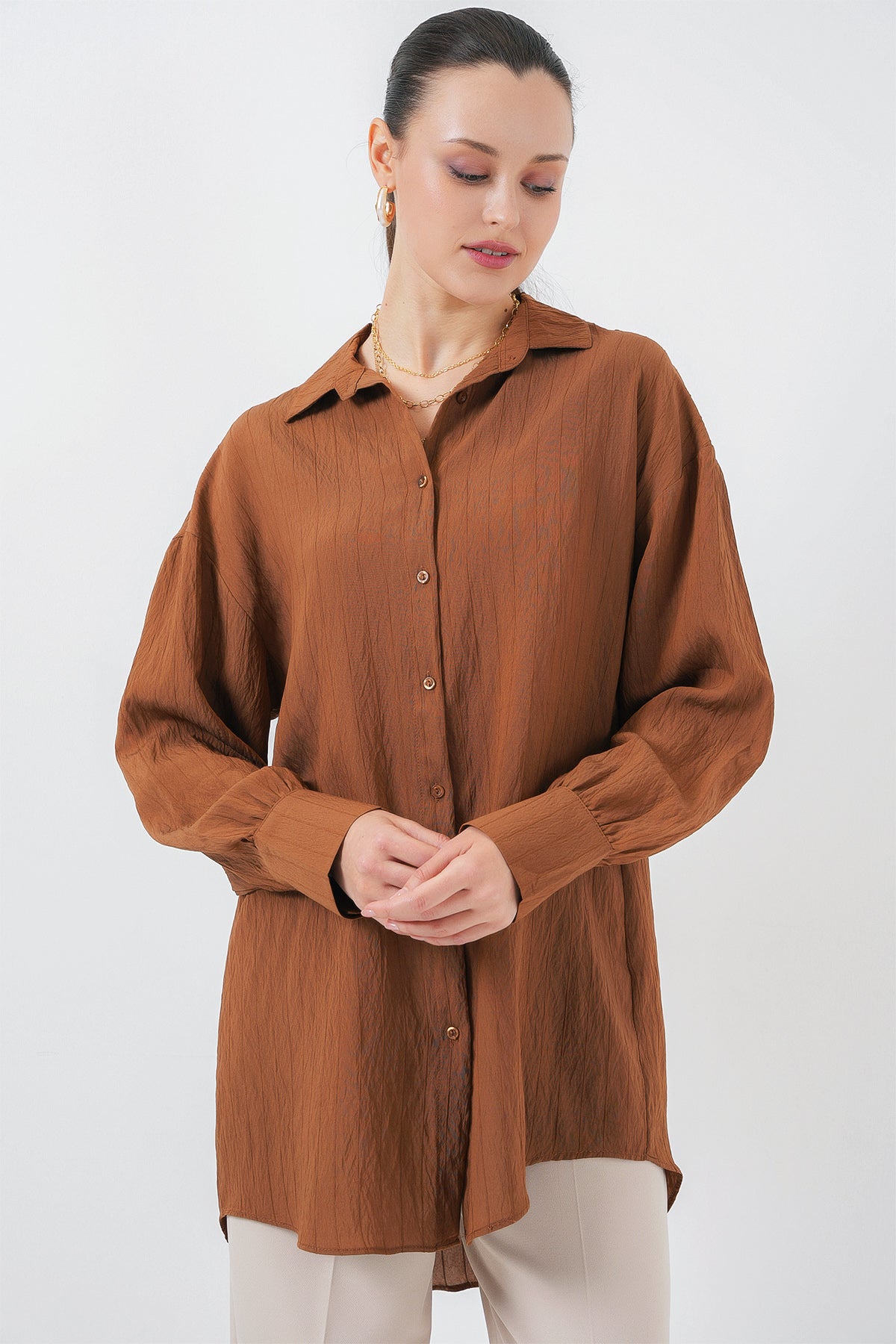 kadin çizgili uzun gömlek tunik 5963 - kahverengi - Justyol