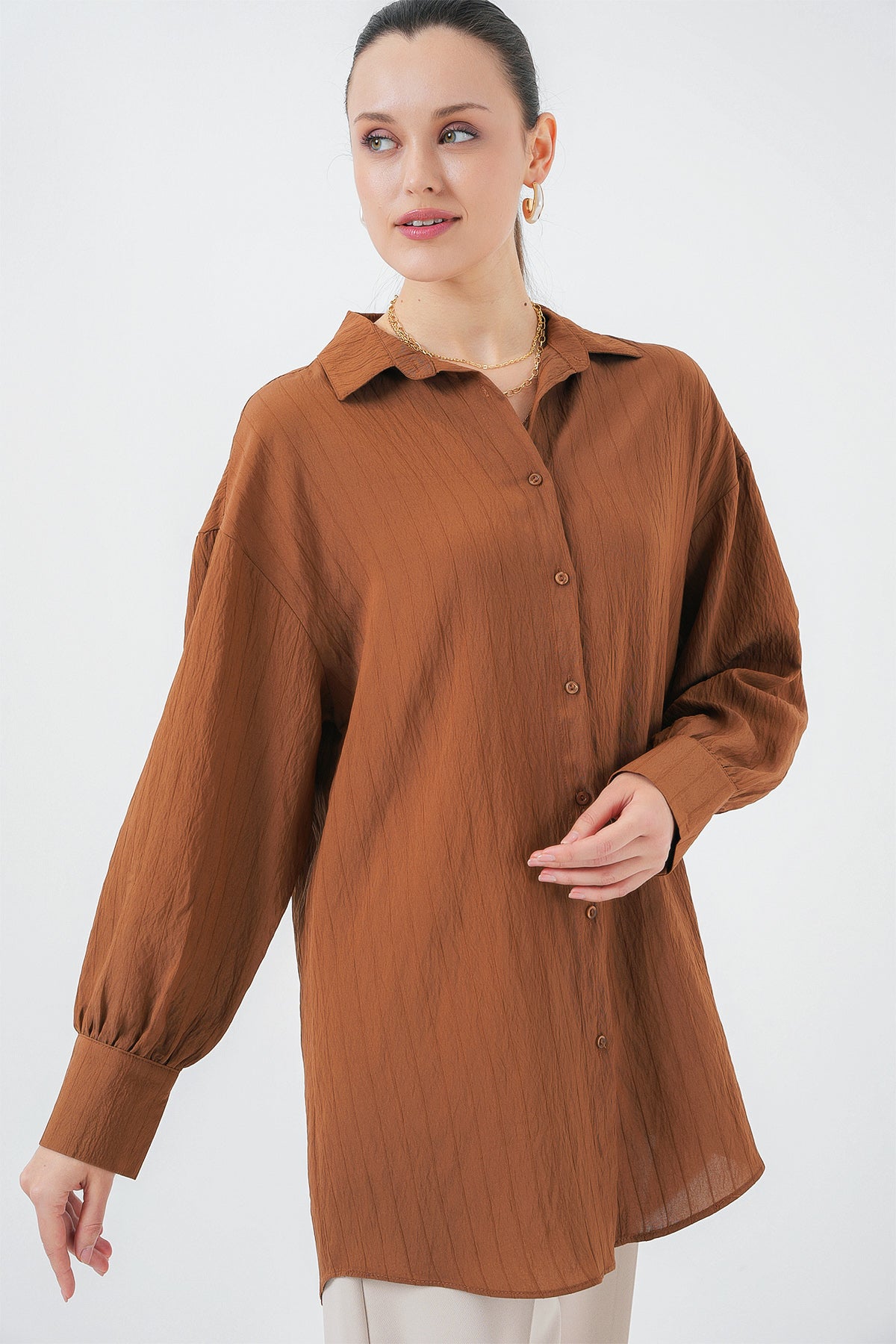 kadin çizgili uzun gömlek tunik 5963 - kahverengi - Justyol