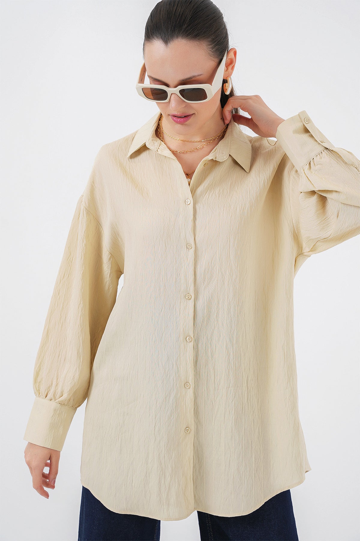 kadin çizgili uzun gömlek tunik 5963 - kahverengi - Justyol